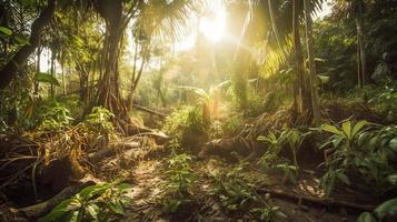 een vredig Woud opruimen badend in warm zonlicht, omringd door hoog bomen en weelderig gebladerte, met een teder stroom druppelen door de kreupelhout en een ver weg berg reeks zichtbaar foto