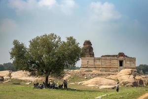 hampi, karnataka, Indië - nov 3 2022 - mensen resting onder een boom in de buurt de saraswati tempel in hampi foto