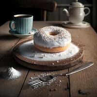 suiker poeder donut en koffie ai gegenereerd foto