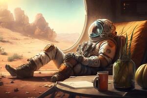 astronaut zittend Aan de sofa in de woestijn. ai gegenereerd foto