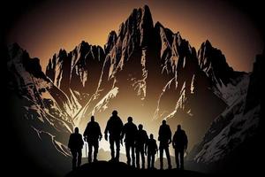 silhouet van de team Aan de berg. leiderschap concept foto