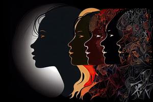 vrouw gezicht silhouet in profiel met groep van multicultureel en multi-etnisch Dames gezichten binnen foto