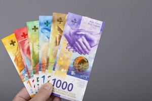 Zwitsers franc in de hand- Aan een grijs achtergrond foto