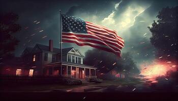 Amerikaans vlag golvend in de lucht met vuurwerk en nacht tafereel visie vierde van juli concept onafhankelijkheid dag tijd voor revolutie juli 4e ai gegenereerd foto