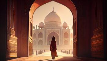 vrouw in taj mahal reizen toerist in Indië Ramadan de heilig tijd voor gebed wereld toerisme dag 27e september ai gegenereerd foto