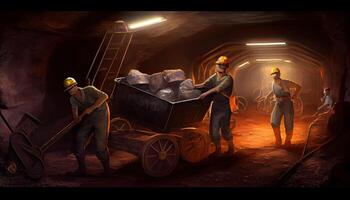 ondergronds mijnbouw steenkool mijnbouw in de mijne mijnwerker in ondergronds de mijne Aan steenkool mijnbouw werk. de mijne arbeiders Aan ondergronds hard Rock mijnbouw moeilijk rots de mijne uitrusting arbeid dag ai gegenereerd foto
