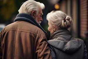 terug visie van een ouderen paar buitenshuis. ouderen Mens en vrouw zijn wandelen samen, hebben romantisch relatie. gelukkig oud leeftijd. gemaakt met generatief ai foto