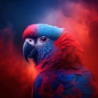 ara vogel dichtbij omhoog gezicht beeld met rood en blauw rook holi concept foto