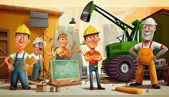 tekenfilm tafereel met bouw arbeiders arbeid dag en de belang van arbeiders ai gegenereerd foto
