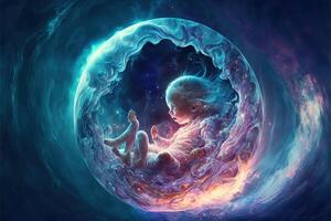 magie droom kind embryo drijvend in een kosmisch baarmoeder generatief ai foto
