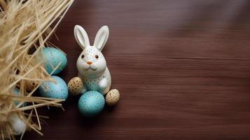 gelukkig Pasen dag achtergrond en achtergrond, schattig konijn konijn, ornament, en kleurrijk ei, kopiëren ruimte groet en achtergrond, banier, rustiek wijnoogst ontwerp materiaal. vieren Pasen. foto