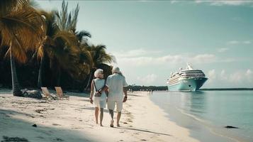 vakantie ouderen paar wandelen langs een tropisch strand met hun reis schip aangemeerd dichtbij - generatief ai. foto