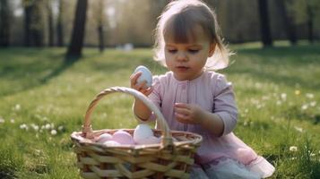 schattig weinig meisje in de gras verzamelen haar Pasen eieren in de mand - generatief ai. foto