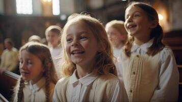 jong meisjes verzamelen in de kerk voor de koor het zingen - gegenereerd ai. foto