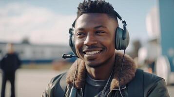 jong vriendschappelijk Afrikaanse Amerikaans mannetje vervelend zijn vliegenier piloot koptelefoon glimlachen Bij de luchthaven - gegenereerd ai. foto