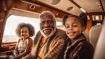 ouderen geslaagd Afrikaanse Amerikaans grootouder en kinderen in hun privaat uitvoerend luxe Jet - gegenereerd ai. foto