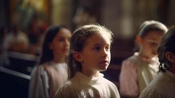 jong meisjes verzamelen in de kerk voor de koor het zingen - gegenereerd ai. foto