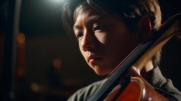 jong Aziatisch jongen spelen zijn cello Bij de concert hal onder dramatisch lichten - gegenereerd ai. foto