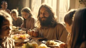 Jezus zit Bij een tafel met meerdere kinderen gedurende een maaltijd - gegenereerd ai. foto