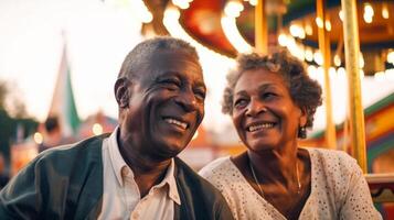 gelukkig senior Afrikaanse Amerikaans paar genieten van een middag Bij de carnaval - gegenereerd ai. foto