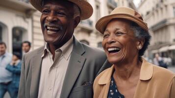 gelukkig ouderen Afrikaanse Amerikaans paar genieten van een wandelen langs de Europese straten gedurende hun vakantie - gegenereerd ai. foto