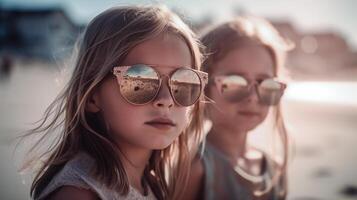 twee jong vriendinnetjes poseren vervelend zonnebril hebben pret Aan de strand - gegenereerd ai. foto