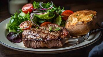 vers sappig top entrecote steak met gebakken groenten Aan de vlam rooster - generatief ai.- generatief ai. foto