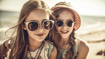 twee jong vriendinnetjes poseren vervelend zonnebril hebben pret Aan de strand - gegenereerd ai. foto