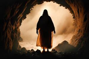 Jezus stijgende lijn van de dood - gesihouet figuur weggaan grot graf - generatief ai. foto