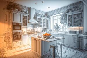 bouwkundig ruw exploratie tekening van een Op maat keuken interieur - generatief ai. foto