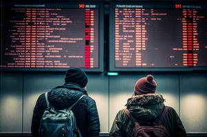 ongelukkig en benadrukt jong volwassen paar Bij luchthaven viewing geannuleerd vluchten Aan vlucht informatie en luchthaven Scherm bord - generatief ai. foto