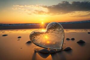 gebroken hart van glas houdende Aan de strand Bij zonsondergang - generatief ai. foto