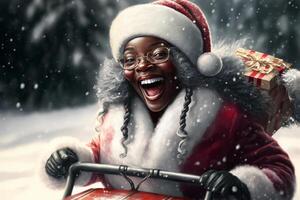 gelukkig zwart vrouw de kerstman claus brengen cadeaus Aan haar slee. generatief ai. foto