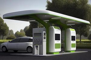 de concept van een ev opladen station met groen energie en eco macht houdt in de gebruik van hernieuwbaar energie foto