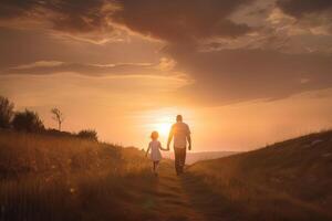 liefhebbend binding tussen een vader en zijn dochters, reeks tegen de verbijsterend backdrop van een zonsondergang, ai gegenereerd foto