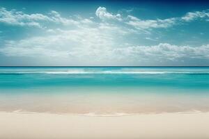 weelderig blauw strand en wit zand achtergrond, ai gegenereerd foto