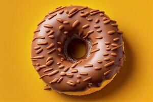 chocola donut geïsoleerd Aan geel achtergrond. generatief ai foto