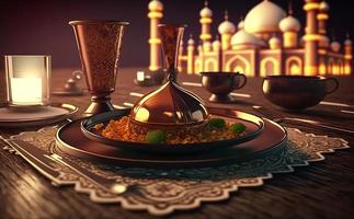 iftar tafel in de maand van Ramadan, een reis vol van variëteiten van heerlijk saudi Arabisch voedsel, de maand van Ramadan, Ramadan kareem, Ramadan lantaarn, de achtergrond van de moskee. foto