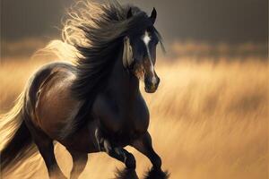 ai gegenereerd paard rennen door een veld- met haar manen vloeiende in de wind. foto