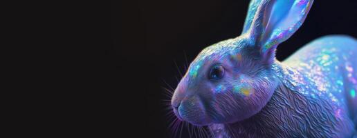holografische Pasen konijn met schitteren. iriserend konijn met kopiëren ruimte voor tekst, reclame. gelukkig Pasen dag. modieus ontwerp. spandoek. generatief ai. foto