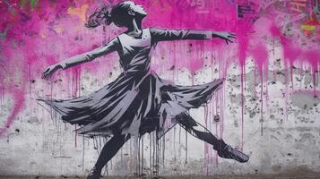 generatief ai, dansen vrouw of meisje, dynamisch beweging. inkt verf kleurrijk spatten straat graffiti kunst Aan een getextureerde papier wijnoogst achtergrond, geïnspireerd door banksy. foto