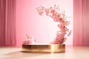 romantisch roze bloemen gouden Scherm podium achtergrond sjabloon. generatief ai. foto