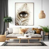 mockup boho hedendaags muur kunst esthetisch in de leven kamer Scandinavisch - ai gegenereerd beeld foto