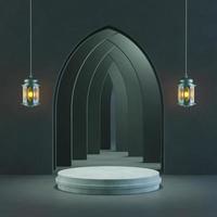 Islamitisch Ramadhan kareem Product podium Scherm met lantaarn en moskee poort achtergrond. 3d geven foto