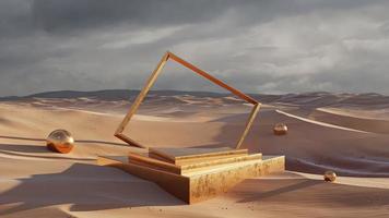 woestijn landschap met driehoek podium in goud kleur en zonsondergang licht. 3d geven foto