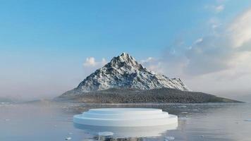 ijs voetstuk podium bovenstaand de meer met ijs berg achtergrond. 3d geven foto