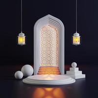 Islamitisch Ramadhan kareem Product podium Scherm met lantaarn en moskee poort. 3d geven foto