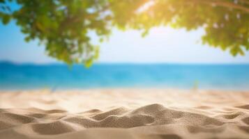 mooi zomer exotisch zanderig strand met wazig boom en zee Aan achtergrond generatief ai foto