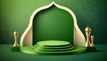 groen zacht pastel podium Ramadhan achtergrond. Islamitisch ornament Aan groen tapijt achtergrond. generatief ai foto