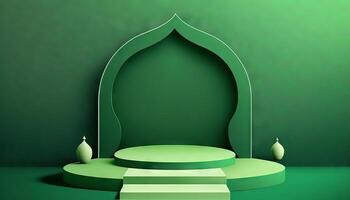 groen zacht pastel podium Ramadhan achtergrond. Islamitisch ornament Aan groen tapijt achtergrond. generatief ai foto